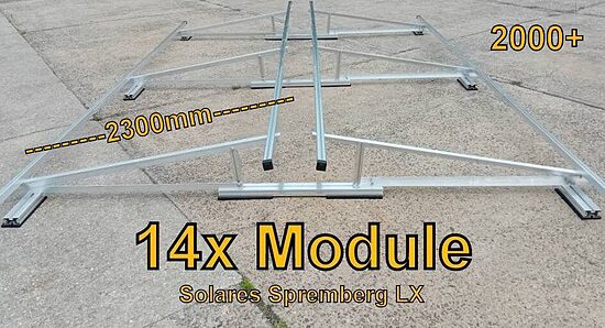 Komplettlösung Ost/West Aufständerung für 14x Module vertikal / hochkant LX14 / 2000+ für Flachdach Kiesdach Gründach / 10-20 Grad fest 